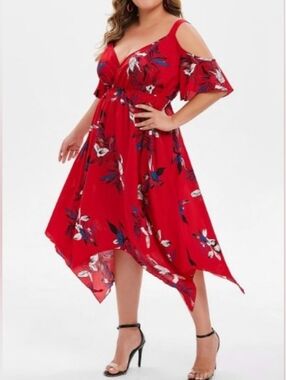 Red Floral Cold-Shoulder Handkerchief Hem Dress